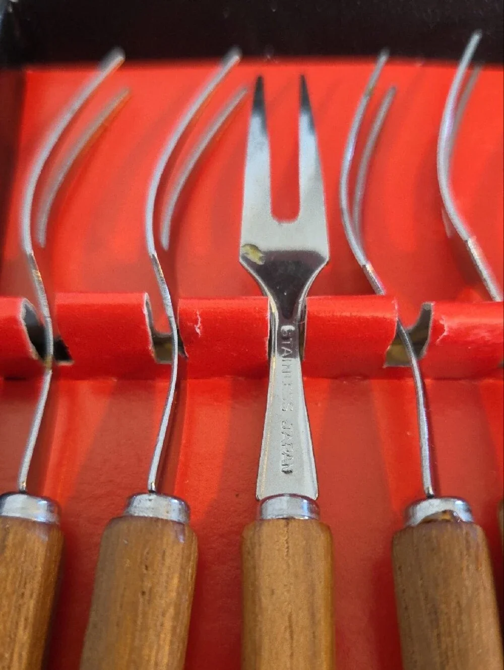 ​Vintage MCM Teak Wood Cocktail Appetizer Forks Set of 6 Stainless Japan Boxed